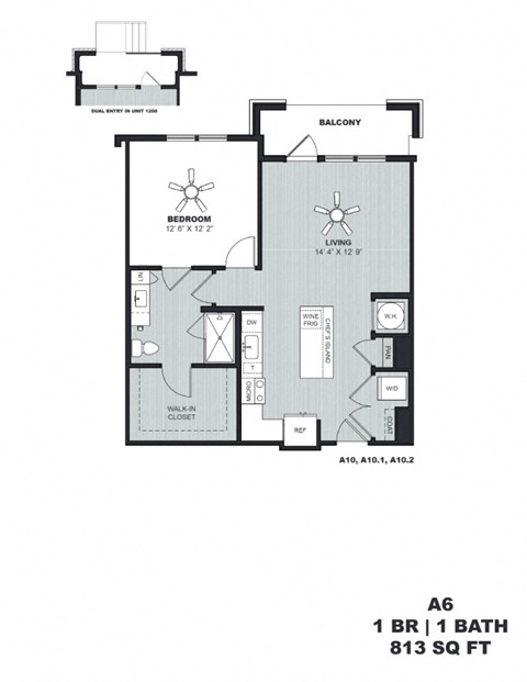 Floor plan for 1 bed, 1 bath, 813 sqft